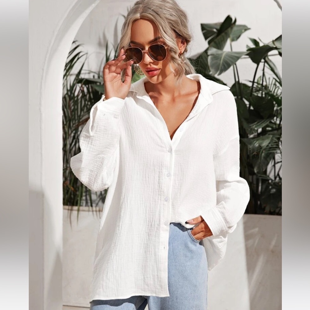 SHEIN drop shoulder linen longline button cover up beach shirt